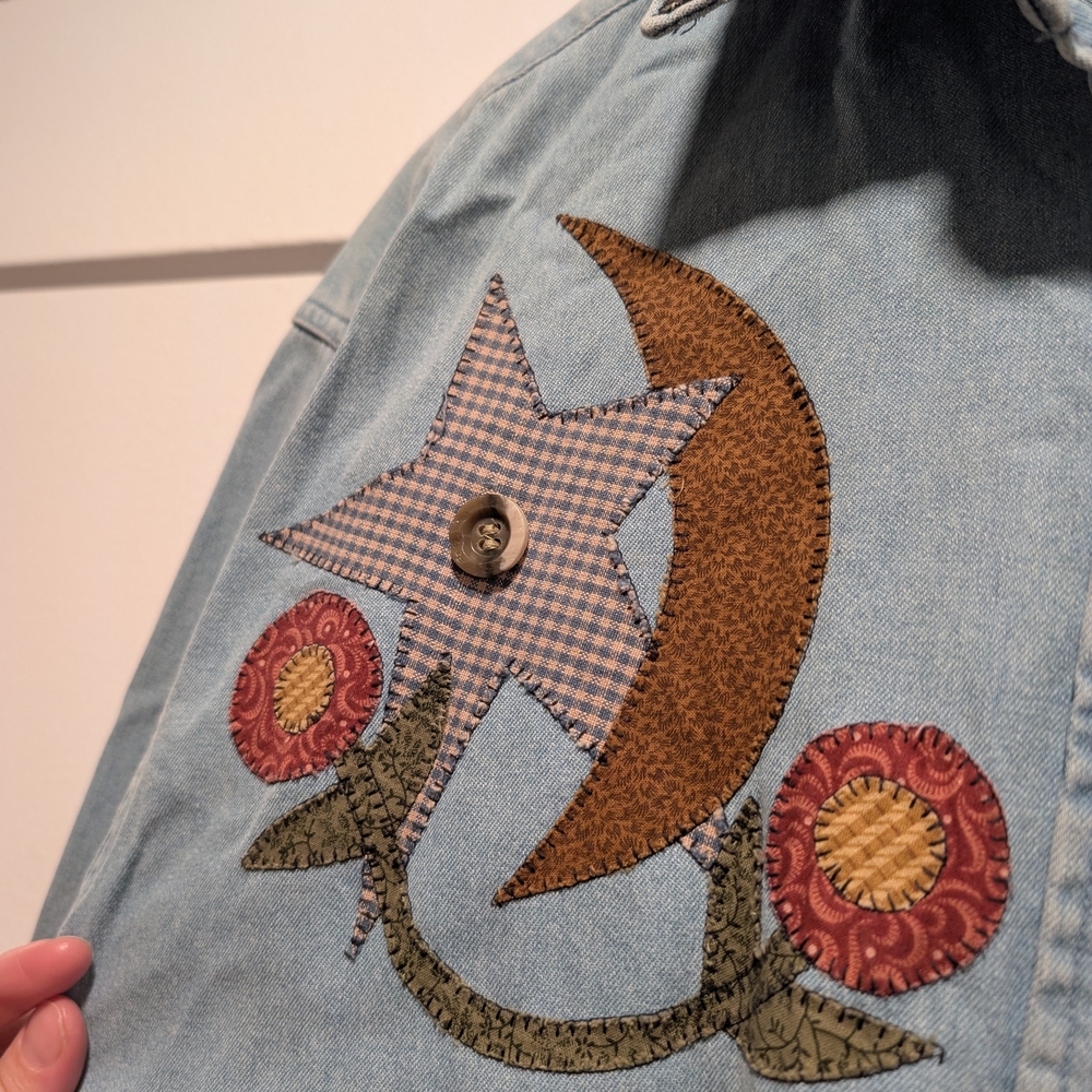 VINTAGE Country Plaid Stars Embroidered Denim Shirt Jacket Size Medium - Picture 6 of 12